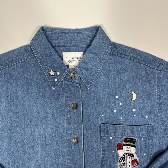 Vintage Christopher & Banks Womens Size M Blue Denim Snowman Crop Shirt Jacket - Picture 4 of 11